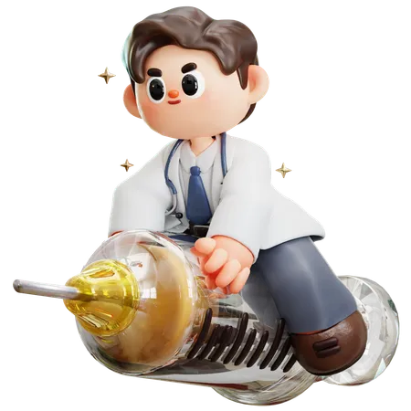 Doctor Riding Syringe For Prevention And Immunity Health 3 D Cute Cartoon Character Smiling Male Doctor With Stethoscope Concept Of Science Medical Health Healthcare Insurance National Doctors Day 3D Illustration