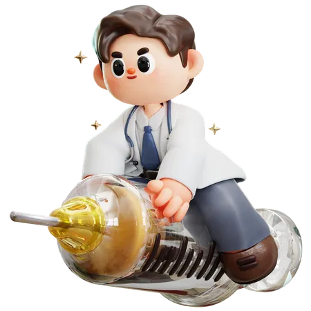 Doctor Is Riding On Syringe  3D Illustration