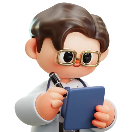 Doctor Writing Clipboard With Pen For Medical Report Or Prescription Medical Insurance And Diagnostics Of A Diseases 3 D Cute Cartoon Character Smiling Male Doctor With Stethoscope Concept Of Science Medical Health Healthcare Insurance National Doctors Day 3D Illustration