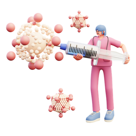 El médico lucha contra el virus con la vacuna dentro de una jeringa grande  3D Illustration