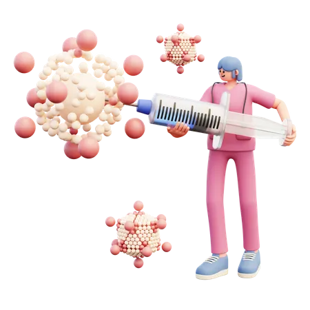 El médico lucha contra el virus con la vacuna dentro de una jeringa grande  3D Illustration