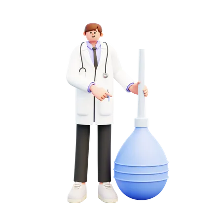 Doctor De Pie Cerca De Big Blue Enema Clyster Señalando  3D Illustration