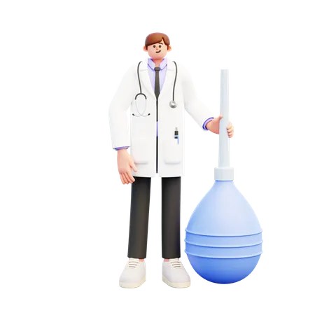 Doctor de pie cerca del gran clyster de enema azul  3D Illustration