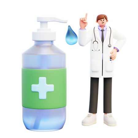 Médico De Pie Cerca De Una Gran Botella Dispensadora De Desinfectante  3D Illustration