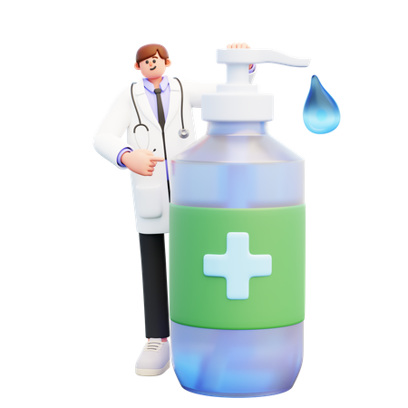 Médico De Pie Cerca De Una Botella Dispensadora Grande Con Jabón Líquido  3D Illustration