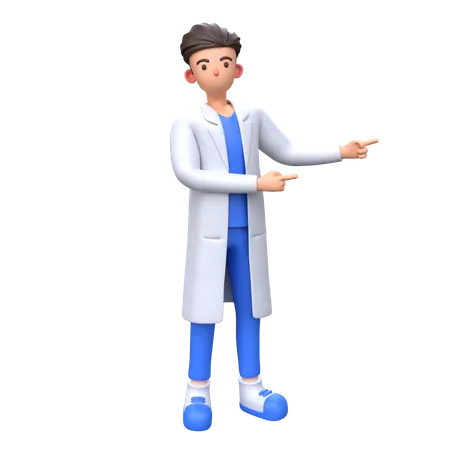 Doctor apuntando hacia la derecha con ambos dedos índice  3D Illustration