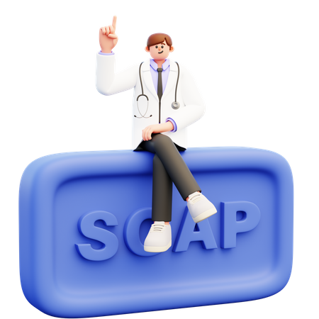 Médico varón sentado sobre un gran trozo de jabón  3D Illustration