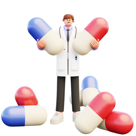 Doctor sosteniendo dos pastillas grandes  3D Illustration