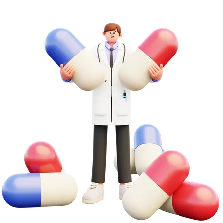 Doctor sosteniendo dos pastillas grandes  3D Illustration