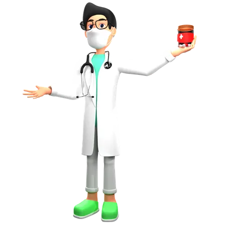 Doctor sosteniendo frasco de medicina  3D Illustration