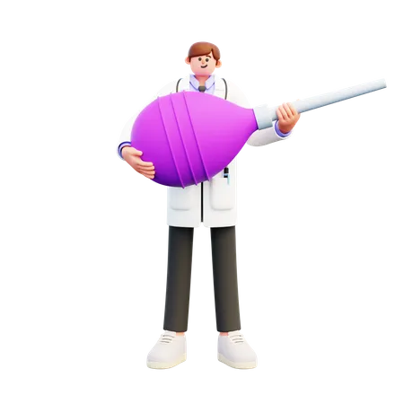 Doctor sosteniendo un clyster de enema rosa grande  3D Illustration