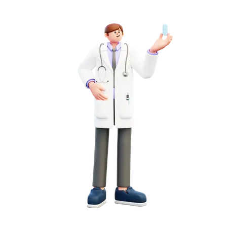 Doctor sosteniendo una pastilla grande  3D Illustration