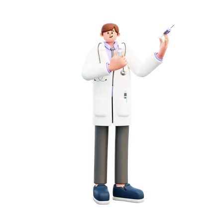 Doctor sosteniendo vacuna y jeringa  3D Illustration