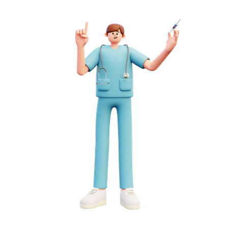 Doctor sostiene la jeringa apuntando hacia arriba  3D Illustration