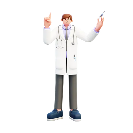 Doctor sostiene la jeringa apuntando hacia arriba  3D Illustration