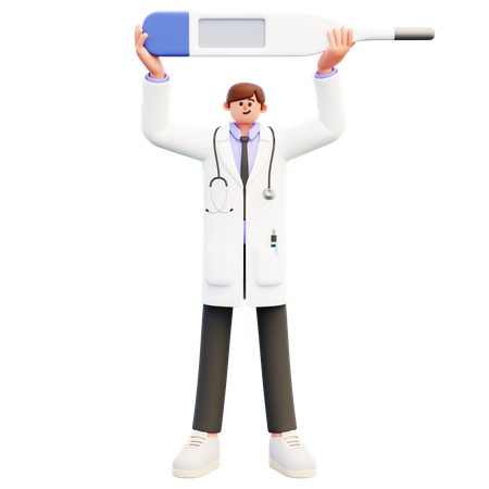 Doctor Standing Holding Big Blank Thermometer  3D Illustration