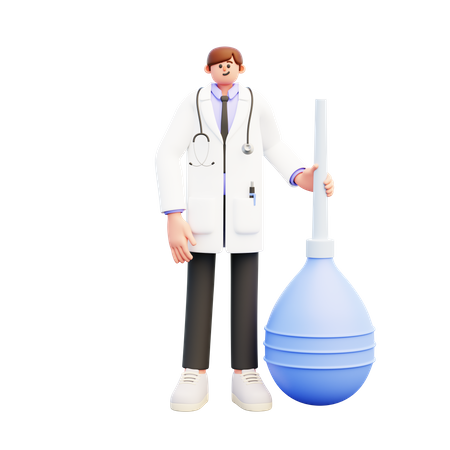 Doctor Standing Near Big Blue Enema Clyster  3D Illustration