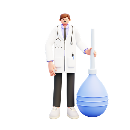 Doctor Standing Near Big Blue Enema Clyster  3D Illustration