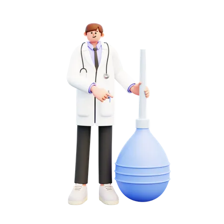 Doctor Standing Near Big Blue Enema Clyster Pointing  3D Illustration