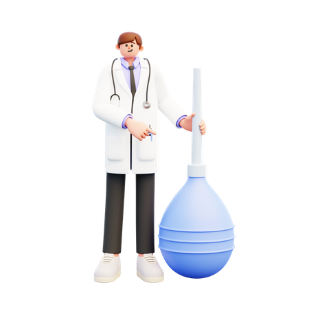 Doctor Standing Near Big Blue Enema Clyster Pointing  3D Illustration