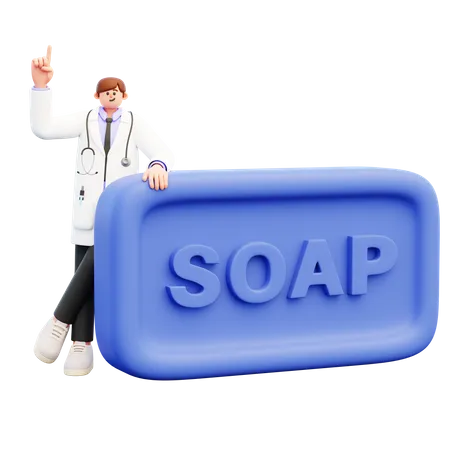 Doctor Standing Near Big Blue Piece Of Soap  3D Illustration