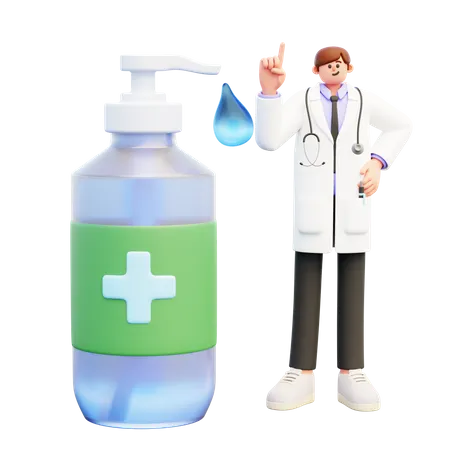 Doctor Standing Near Big Dispenser Bottle Of Sanitizer  3D Illustration