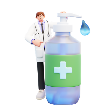 Doctor Standing Near Big Dispenser Bottle With Liquid Soap  3D Illustration