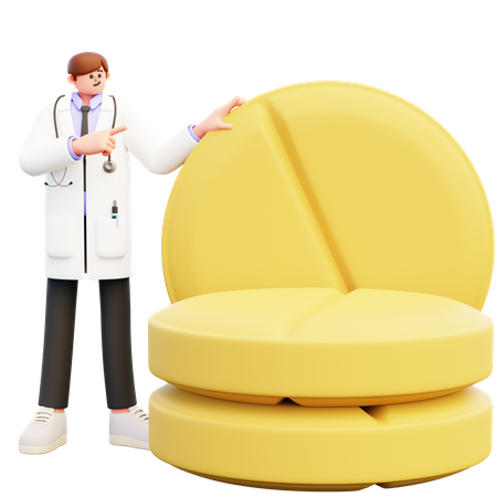 Doctor Standing Near The Big Pills  3D Illustration