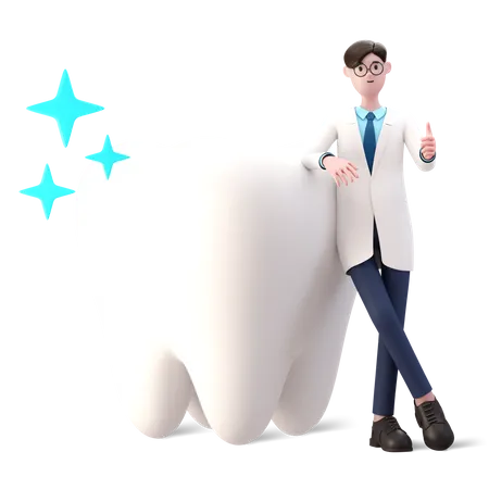 Doctor standing with clean tooth showing thumbs up  3D Illustration