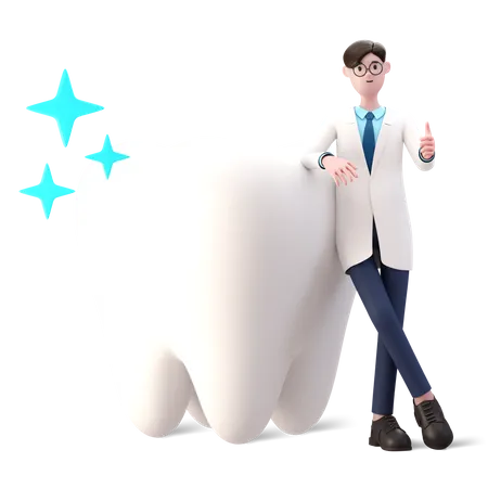 Doctor standing with clean tooth showing thumbs up 3D Illustration