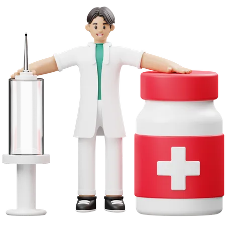 Doctor Standing with Injection and Medicine Bottle  3D Illustration