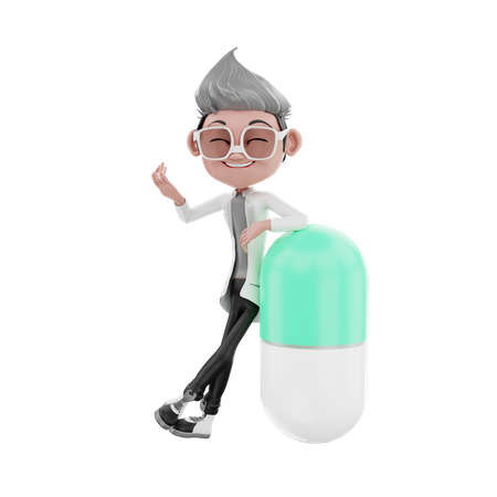 Doctor standing with leaning on capsule  3D Illustration