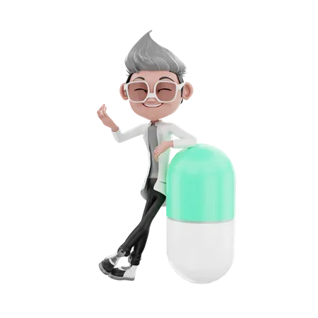 Doctor standing with leaning on capsule  3D Illustration