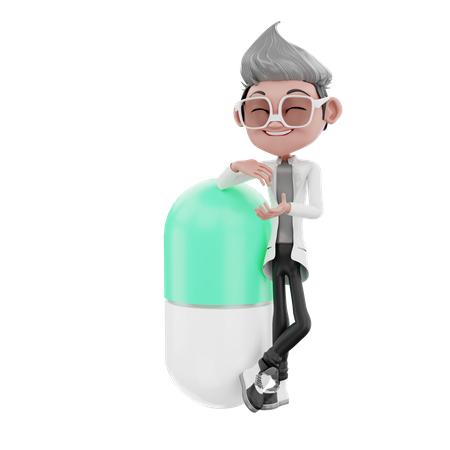 Doctor standing with leaning on capsule 3D Illustration