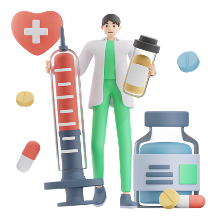 Doctor Standing with Medicine  3D Illustration
