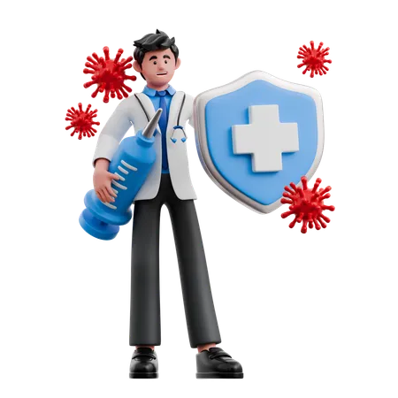 Doctor Using Shield  3D Illustration