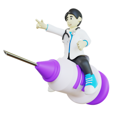 Doctor volando en una jeringa grande  3D Illustration