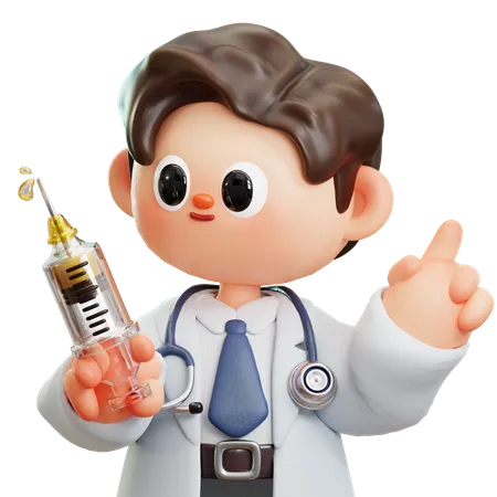 Doctor Holding Syringe For Ready Prevention And Immunity Health 3 D Cute Cartoon Character Smiling Male Doctor With Stethoscope Concept Of Science Medical Health Healthcare Insurance National Doctors Day 3D Illustration
