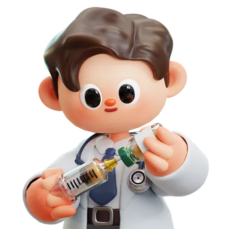 Doctor Injection Syringe With Vaccine Vial Bottle For Prevention And Immunity Health 3 D Cute Cartoon Character Smiling Male Doctor With Stethoscope Concept Of Science Medical Health Healthcare Insurance National Doctors Day 3D Illustration