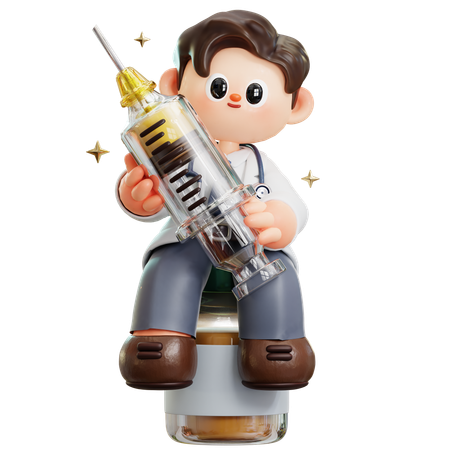Doctor With Syringe And Vaccine Bottle  3D Icon
