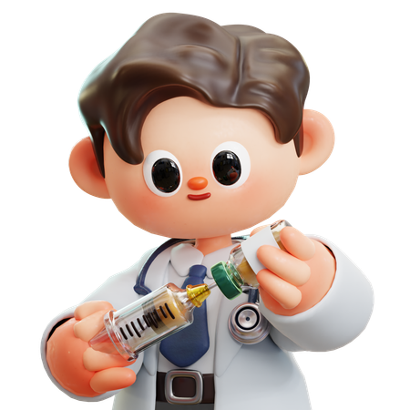 Doctor With Syringe And Vaccine Bottle  3D Icon