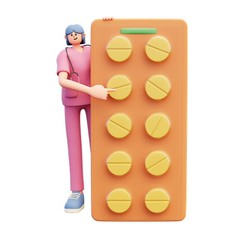 Doctora cerca de un gran paquete de pastillas  3D Illustration