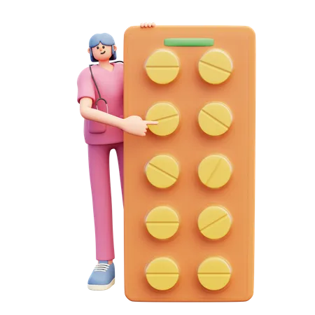 Doctora cerca de un gran paquete de pastillas  3D Illustration