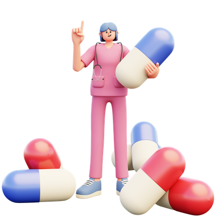 Doctora con pastillas grandes  3D Illustration