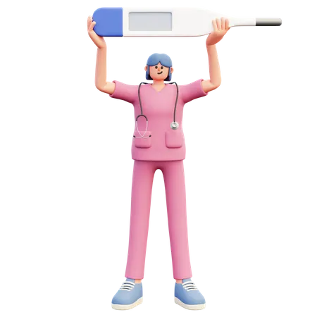 Doctora de pie sosteniendo un gran termómetro en blanco  3D Illustration