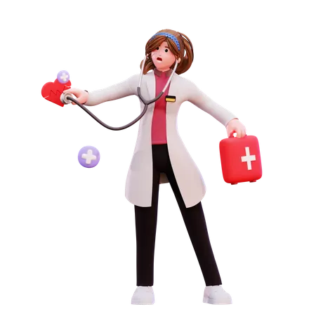 Doctora examina el corazón con estetoscopio  3D Illustration