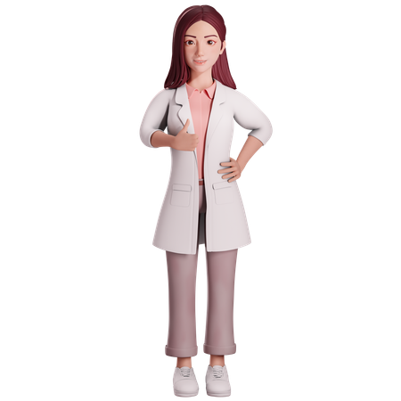 Doctora mostrando un gesto de pulgar hacia arriba con su mano derecha,  3D Illustration