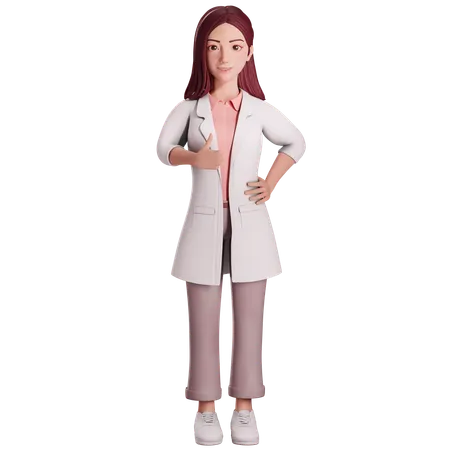 Doctora mostrando un gesto de pulgar hacia arriba con su mano derecha,  3D Illustration