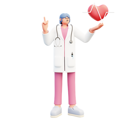 Doctora mostrando los latidos del corazón y apuntando hacia arriba  3D Illustration