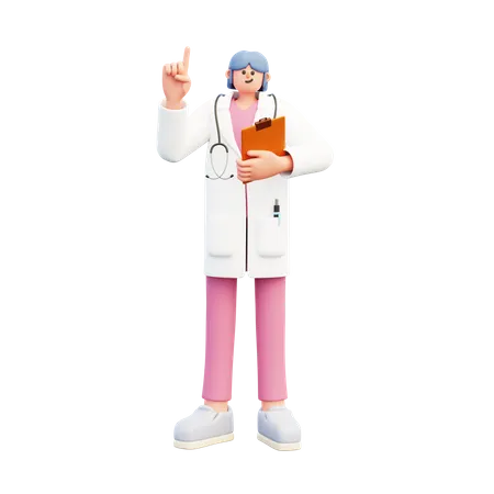 Doctora apuntando hacia arriba mientras sostiene el informe médico  3D Illustration